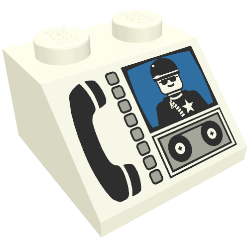 Brick Sloped 45° 2 x 2 with Phone and Minifig Print (White)
