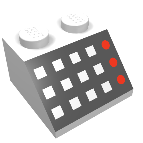 Brick Sloped 45° 2 x 2 with 12 Buttons, 3 Red Lamps, Black Panel Print (White)