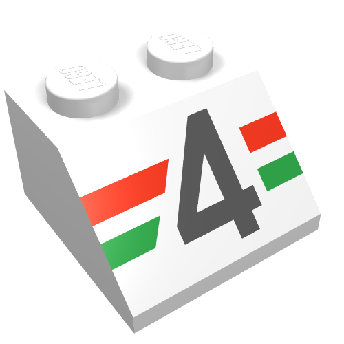 Brick Sloped 45° 2 x 2 with Black '4' over Red and Green Stripes Print (White)