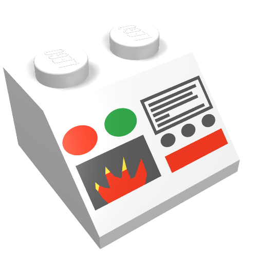 Brick Sloped 45° 2 x 2 with Flame and Control Panel Print fire (White)