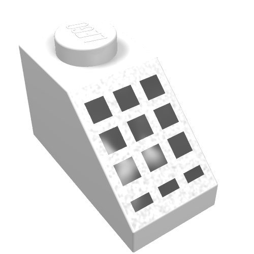Brick Sloped 45° 2 x 1 with Bottom pin, with 9 Large + 3 Small Black Buttons Print (White)