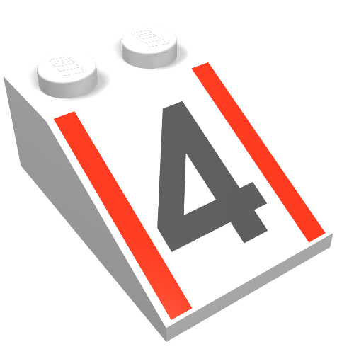 Brick Sloped 33° 3 x 2 with Black "4" and Red Stripes Print (White)