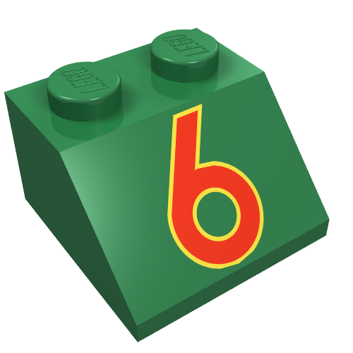 Brick Sloped 45° 2 x 2 with Red/Yellow '6' Print (Green)