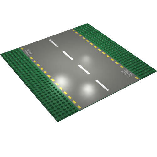Baseplate 32 x 32 with 6-Stud Straight with Dark Gray Road, Yellow Dashed Lines and Storm Drains Print (Green)
