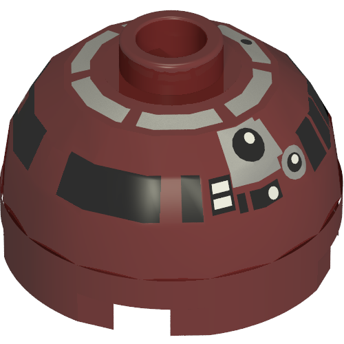 Brick Round 2 x 2 Dome Top, Blocked Open Stud, Bottom Axle Holder with Silver and Black Astromech Droid Print (R4-P17) (Dark Red)