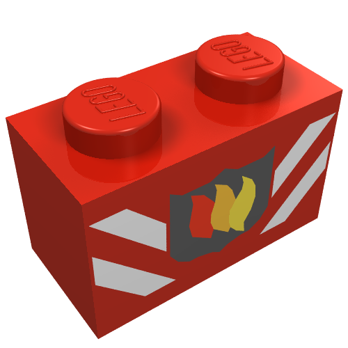 Brick 1 x 2 with Fire Logo Badge and White Stripes Print (Red)