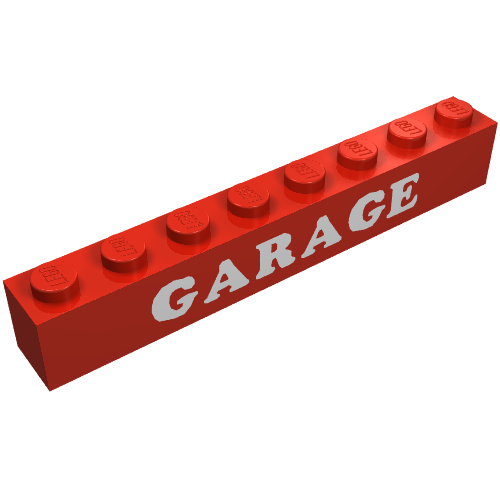 Brick 1 x 8 with 3 Lowered Cross Supports with 'GARAGE' White Print (Red)