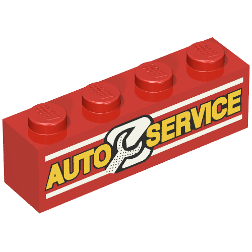 Brick 1 x 4 with 'AUTO SERVICE' and Wrench Print (Red)