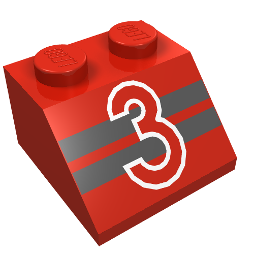 Brick Sloped 45° 2 x 2 with "3" over Black Stripes Print (Red)