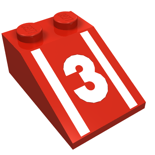 Brick Sloped 33° 3 x 2 with White Stripes, '3' Print (Red)