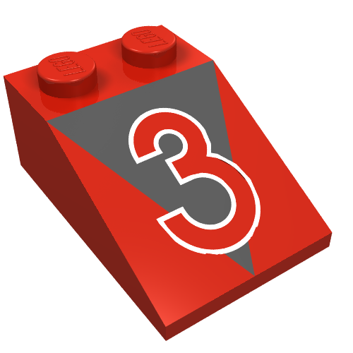 Brick Sloped 33° 3 x 2 with Red '3', Black Triangle Print (Red)
