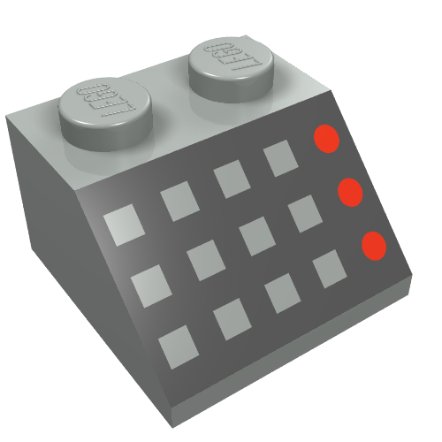 Brick Sloped 45° 2 x 2 with 12 Buttons, 3 Red Lamps, Black Panel Print (Light Gray)