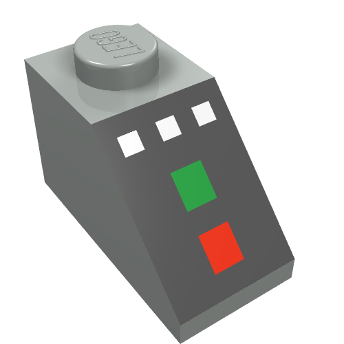 Brick Sloped 45° 2 x 1 with Bottom pin, with 3 White Buttons, Red and Green Lamps Print (Light Gray)
