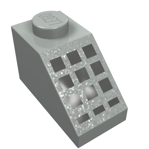 Brick Sloped 45° 2 x 1 with Bottom pin, with 9 Large + 3 Small Black Buttons Print (Light Gray)