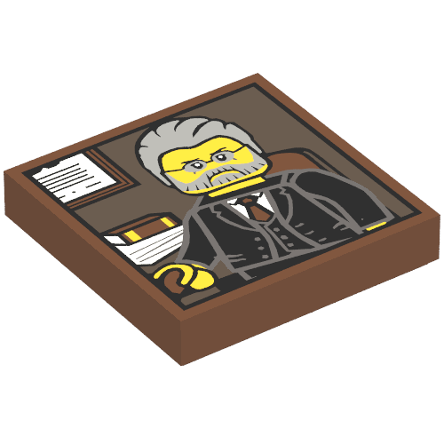 Tile 2 x 2 with Portrait of Male Minifig with Gray Hair and Beard, Black Suit Print (Reddish Brown)