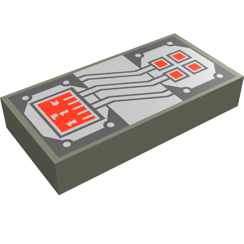 Tile 1 x 2 with Copper and White Circuitry, Red Rectangle and 4 Squares Print (Dark Gray)