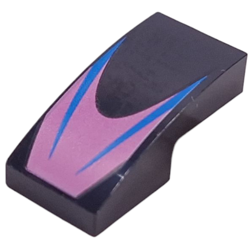 Brick Curved 2 x 1 No Studs with Blue Lines on Dark Pink Background Print (Black)