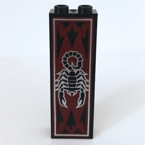 Brick 1 x 2 x 5 with Scorpion and Dark Red Print (Black)