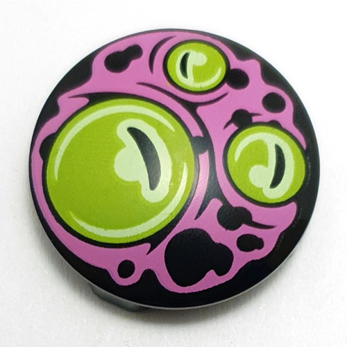 Plate Round 2 x 2 with Rounded Bottom with Lime Alien Eyes, Dark Pink Swirls Print (Black)