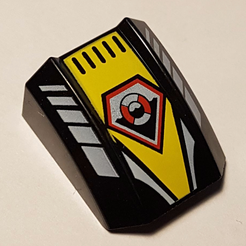 Brick Curved 2 x 2 with Lip, No Studs with White/Yellow/Red Life Preserver Print (Black)