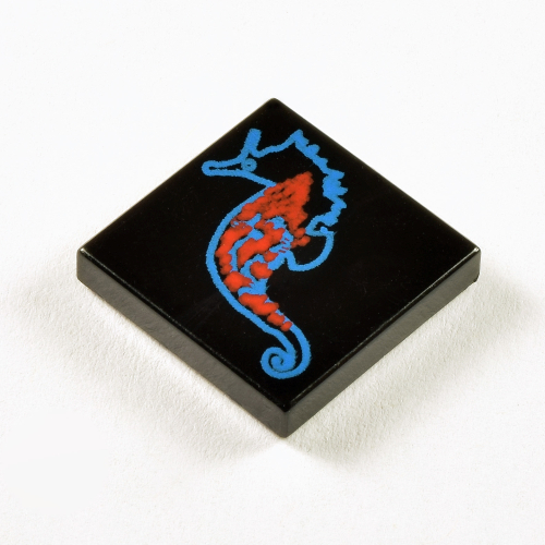 Tile 2 x 2 with Blue and Red Seahorse Print (Black)