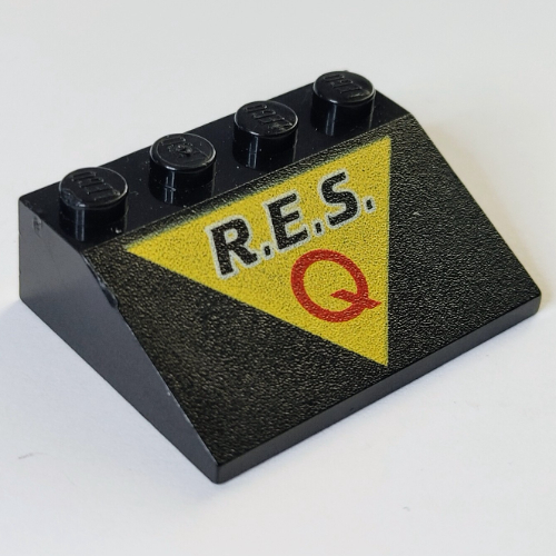 Brick Sloped 33° 3 x 4 with 'R.E.S. Q' on Yellow Triangle Print (Res-q) (Black)