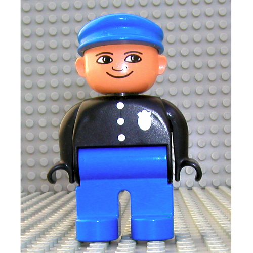 Duplo Figure, Early, with Flat Cap Blue, Blue Legs, Three Buttons and Police Badge, Nose Pointing Down Print (Black)