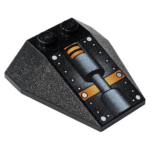 Brick Wedged, Sloped 4 x 4 Triple, No Stud Notches with White Dots and Hydraulic Print (Stingray Engine) (Black)