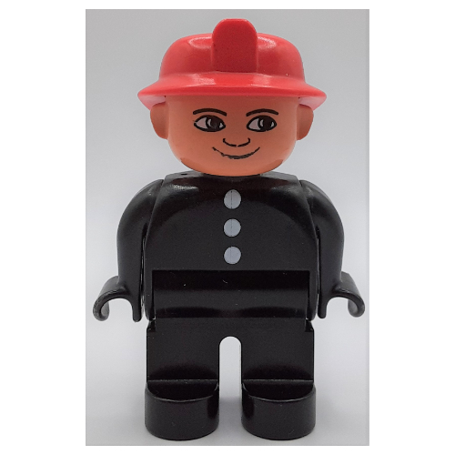 Duplo Figure, Early, Fire Helmet Red, Black Legs, White Buttons Print (Black)
