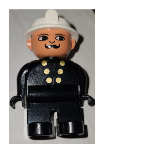 Duplo Figure, Early, Fire Helmet White, Black Legs, Gold Buttons, Moustache Print (Black)