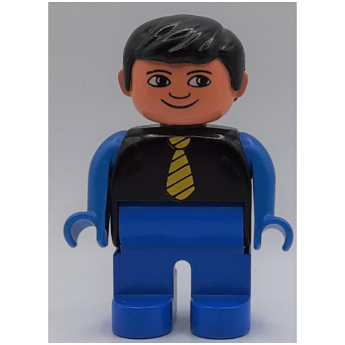 Duplo Figure, Early, with Short Parted Hair Black, Blue Legs, Yellow Tie, Blue Arms, White Eyes Print (Black)