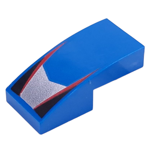 Brick Curved 2 x 1 No Studs with Red Stripes, Black Triangles, Silver Shape Print (Blue)