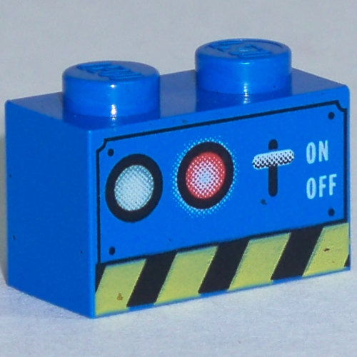 Brick 1 x 2 with Switch, Lamps, and Danger Stripe Print (Blue)