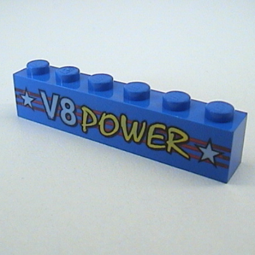 Brick 1 x 6 with Red Stripes and 'V8 POWER' logo Print (Blue)