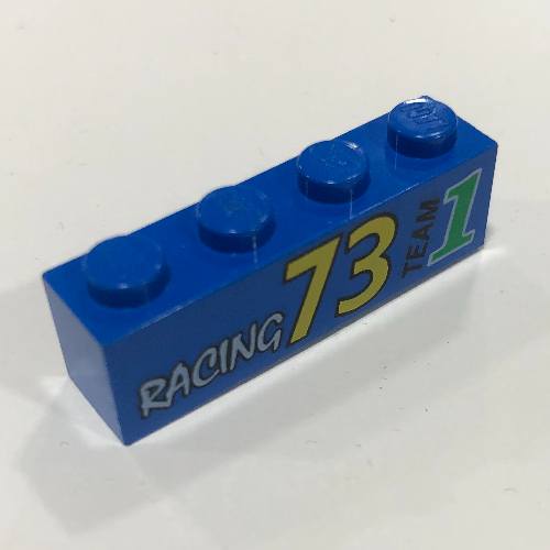 Brick 1 x 4 with 'RACING 73 TEAM 1' Print (Blue)
