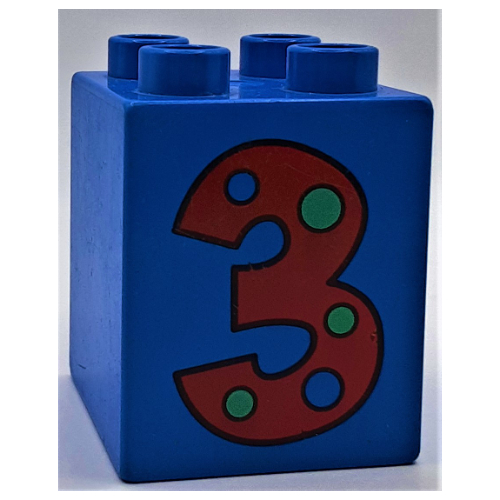 Duplo Brick 2 x 2 x 2 with Number 3 with Polka Dots Print (Blue)