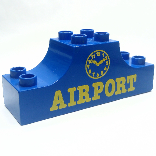 Duplo Brick 2 x 6 x 2 Curved Ends with 'AIRPORT' and Clock Print (Blue)