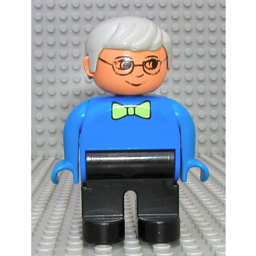 Duplo Figure, Early, with Short Parted Hair Light Gray, Black Legs, Light Lime Bow Tie, Glasses Print (Blue)