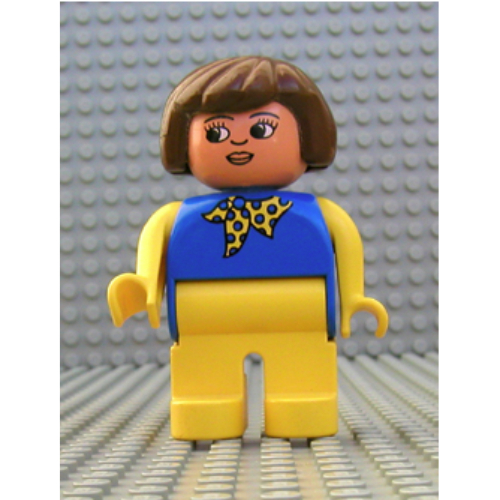 Duplo Figure, Early, Hair Bob Brown, Yellow Legs, Yellow Scarf with Blue Dots, Yellow Arms, White Eyes Print (Blue)