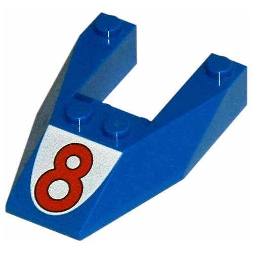 Brick Wedged, Sloped 6 x 4 Cutout, No Stud Notches with Red '8' Print (Blue)