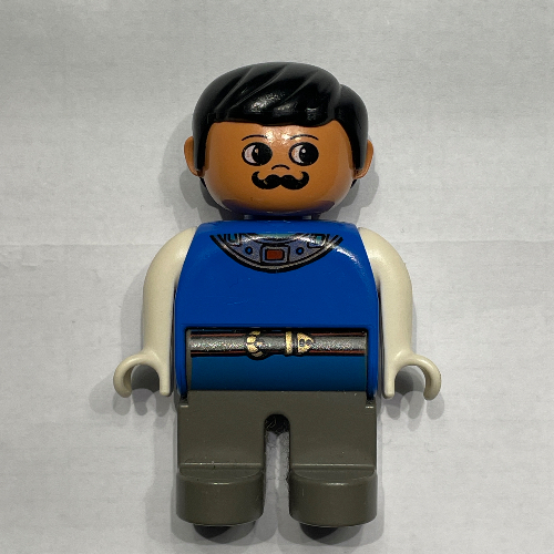 Duplo Figure, Early, with Short Parted Hair Black, Dark Gray Legs, White Arms, Moustache (Actor) (Blue)