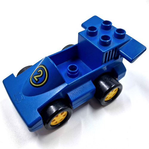 Duplo Car Formula One with One Stud in Cab, Blue Bottom and Yellow Number 2 Print (Blue)