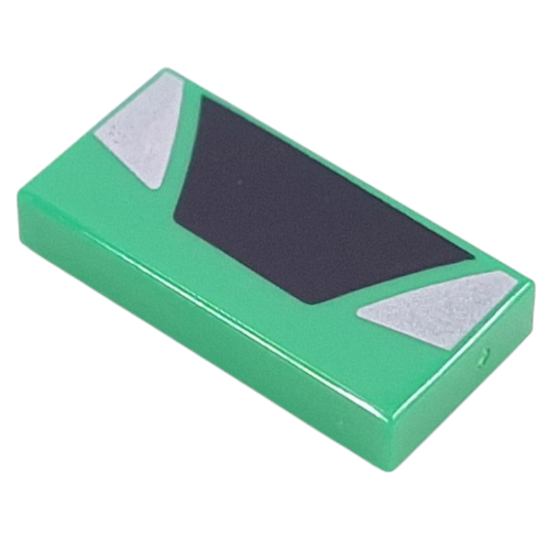 Tile 1 x 2 with Black Trapezoid, Silver Triangles Print (Bright Green)