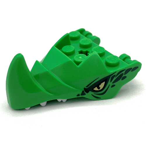 Creature Body Part, Dragon Head Lower Jaw with 6 Studs on Top, Spike, Dark Green Markings, Yellow Eye, White Teeth Print (Bright Green)