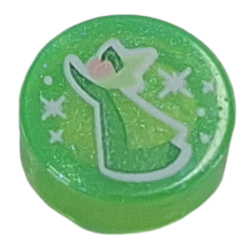 Tile Round 1 x 1 with Green Fairy Godmother Print (Opal Trans-Bright Green)