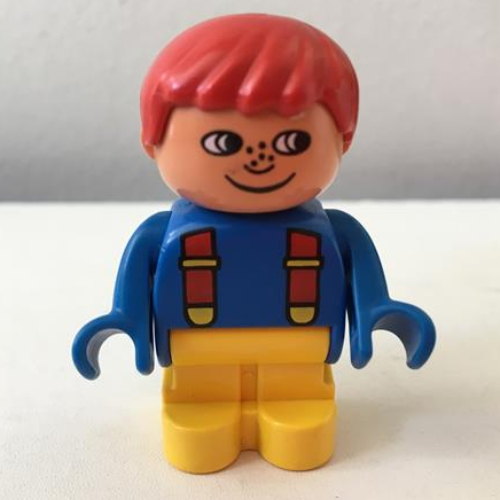 Duplo Figure, Early with Joined Legs Yellow, Blue Top with Red Suspenders, Red Hair, Freckles, White in Eyes Print (Blue)