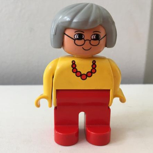 Duplo Figure, Early, Hair Bob Light Gray, Red Legs, Red Necklace, Gray Hair, Glasses Print (Yellow)