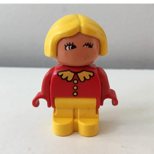 Duplo Figure, Early with Joined Legs Yellow, Red Top with Collar And 3 Buttons, Yellow Hair, White in Eyes Print (Red)