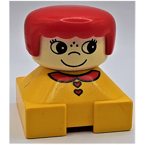Duplo 2 x 2 x 2 Figure Brick, Rounded Bangs, White Head, Red Hair, Red Collar and Heart Buttons, Freckles Print (Yellow)