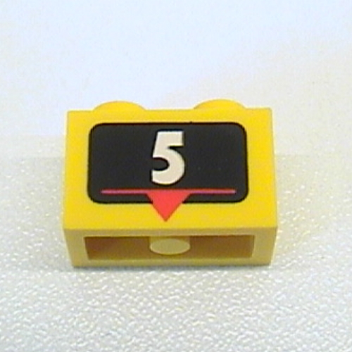 Brick 1 x 2 with White '5', Red Marker Print (Yellow)